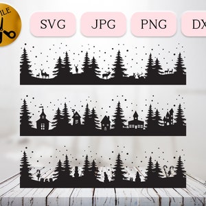 Pacchetto SVG di bordo natalizio, Clipart del cartello di Natale 2043, Scena di neve, Scena invernale Svg, Pupazzo di neve di pino cervo Paese delle meraviglie invernale Png Dxf Jpg