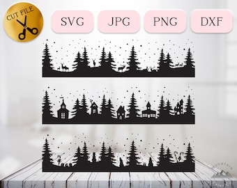 Paquete SVG de borde navideño, clipart de letrero navideño 2043, escena nevada, escena de invierno SVG, ciervo, pino, muñeco de nieve, país de las maravillas invernal, PNG, Dxf, Jpg