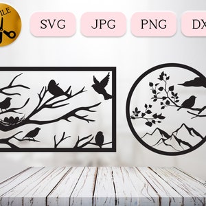 Ninho de pássaro em árvore SVG, pacote de SVG de pássaros Cricut, silhueta de galho de árvore, arquivo de corte de arte de parede de natureza geométrica, clipart de pássaros, Robins DXF Jpg Png
