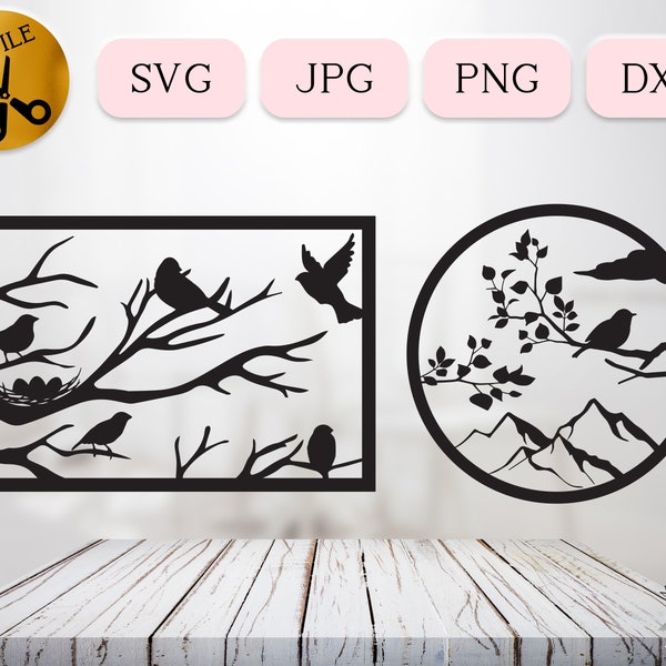 Bird Nest in Tree SVG, Bird SVG Bundle Cricut, Tree Branch Silhouette, Geometric Nature Wall Art Cut File, Bird Clipart, Robins DXF Jpg Png