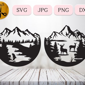 Jagen und Fischen Aufnäher, Hirsch Jagd Plotterdatei, Bergszene Dxf, Fischer Metallschild Schnitt, Jagd Wildtier Clipart, Teich Aufbügler