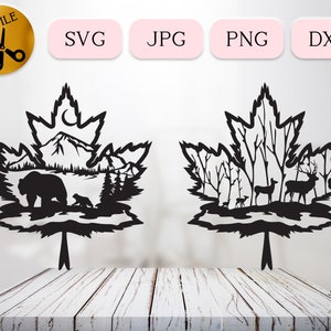 Ahornblatt SVG, Waldtier geschnitten Datei, Wald Hirsch Familie geschnitten, Bären Clipart, Bärenjunge Bergszene Silhouette, Elch im Wald SVG, Dxf Jpg Png