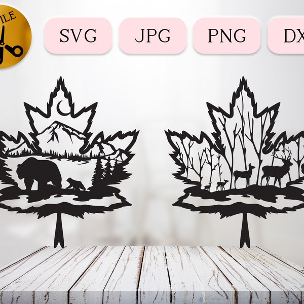 Maple Leaf SVG, Forest Animal Svg, Woodland Deer Family Svg, Bears Clipart, Bear Cub Mountain Scene Silhouette, Elk in Woods Svg Dxf Jpg Png