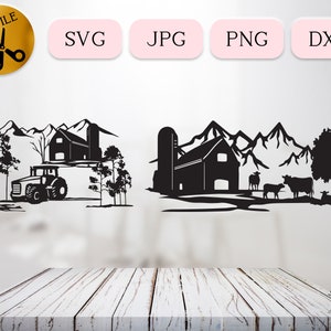 Farm Tractor Svg Scene, Farm Life Svg, Farmer Silhouette Vector, Dairy Farm Svg, Barnyard Silo Svg, Farmhouse Dxf, Ranch Barn Svg Jpg Png