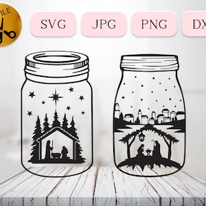 Scena Bożego Narodzenia SVG Bundle, Słoik Mason Christmas Clipart, Oh Holy Night Clipart, Mary Joseph Stable Dxf, Cud Bożego Narodzenia Jpg Png