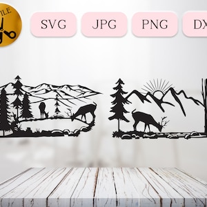 May include: Black silhouette of a mountain range with a deer in the foreground. The mountains are in the background with a sunrise behind them. The deer is facing left and is drinking from a stream. There are trees on either side of the deer.