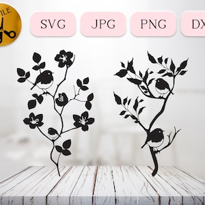 Rotkehlchen im Zweig SVG-Bundle, vertikal blühender Zweig zwart, niedliche Rotkehlchen-Silhouette, Baby-Rotkehlchen-Vogel, Blumen-Vogeluhr Dxf JPG PNG