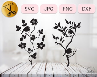 Robin in Tree Branch SVG Bundle, Vertical Flowering Branch Svg, Cute Robin Silhouette, Baby Robin Vector, Flower Birdwatching Dxf JPG PNG