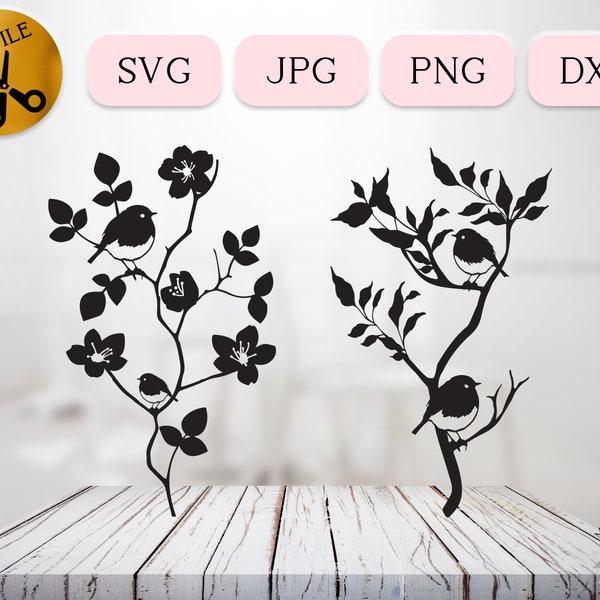 Robin in Tree Branch SVG Bundle, Vertical Flowering Branch Svg, Cute Robin Silhouette, Baby Robin Vector, Flower Birdwatching Dxf JPG PNG