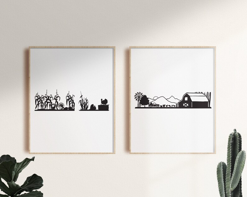 Op de afbeelding: Twee zwart-witte silhouetprints van boerderijsc&egrave;nes. De eerste print toont een ma&iuml;sveld, een kalkoen en een hooibaal. De tweede print toont een schuur, een windmolen en een veld met bergen op de achtergrond.