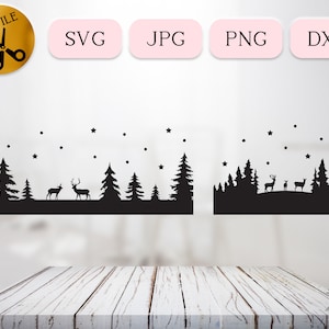 Bundle de scène de Noël cerf enneigé SVG, renne de Noël DXF, vecteur de paysage forestier hiver minimaliste, bordure de Noël coupe fichier png dxf