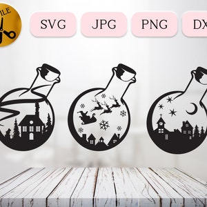Weihnachtszauber Aufbewahrung, Trank Flasche Flasche Aufbewahrung, Winter Spruch, Cricut, Auf dem Dach Weihnachtsmann Szene, Kirchturm Turm, Winter Silhouette, Dxf Jpg png
