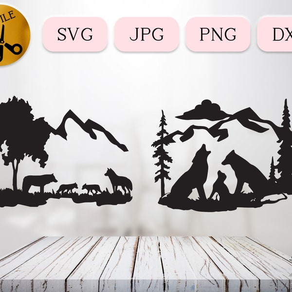 Wolf Nursery Scene SVG Bundle, Family of Wolves svg, Family Wildlife Wolf Pup Silhouette Clipart, Summer Mountain Camping Vector DXF JPG png