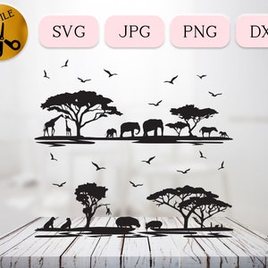 Birds Flying Overhead SVG, African Scenery Clipart, Hippopotamus Svg, Elephant Svg, Giraffe Svg, Africa Svg, Jungle Silhouette DXF Jpg Png