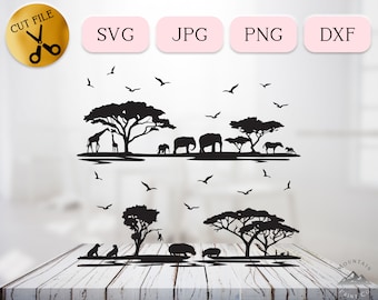 Vögel fliegen über Kopf SVG, afrikanische Landschaft Clipart, Nilpferd SVG, Elefanten SVG, Giraffen SVG, Afrika SVG, Dschungel Silhouette DXF Jpg Png