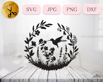 Hummingbird Svg, Hummingbird Floral Wreath Svg, Bird Flowers Silhouette, Bird Feeding Clipart, Wildflower Laurel Frame Vector Jpg Png Dxf