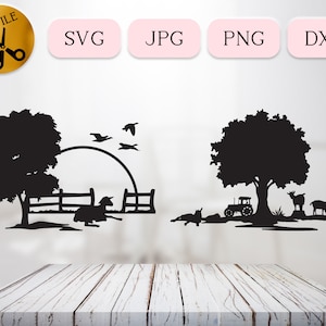 Peut inclure: Design de silhouette noir et blanc repr&eacute;sentant deux sc&egrave;nes de ferme. La premi&egrave;re sc&egrave;ne montre un arbre, une cl&ocirc;ture et un mouton. La deuxi&egrave;me sc&egrave;ne montre un arbre, un tracteur et deux ch&egrave;vres.