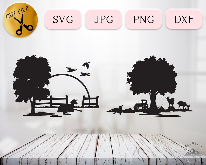 Peut inclure: Design de silhouette noir et blanc repr&eacute;sentant deux sc&egrave;nes de ferme. La premi&egrave;re sc&egrave;ne montre un arbre, une cl&ocirc;ture et un mouton. La deuxi&egrave;me sc&egrave;ne montre un arbre, un tracteur et deux ch&egrave;vres.