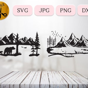 Wildlife Nature Lake Scene SVG Bundle, Mountain Pond Landscape Silhouette, Flock of Birds Woodland svg, Summer at the Cabin svg JPG PNG dxf