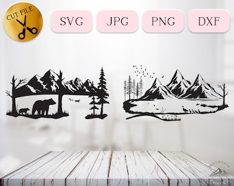 Wildlife Nature Lake Scene SVG Bundle, Mountain Pond Landscape Silhouette, Flock of Birds Woodland svg, Summer at the Cabin svg JPG PNG dxf