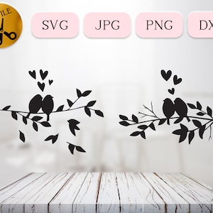 Love Birds Svg, Silhouette de tourtereau, scène de Couple d'oiseaux avec branche et coeurs, Saint-Valentin animal Svg, amoureux Png téléchargement numérique Dxf