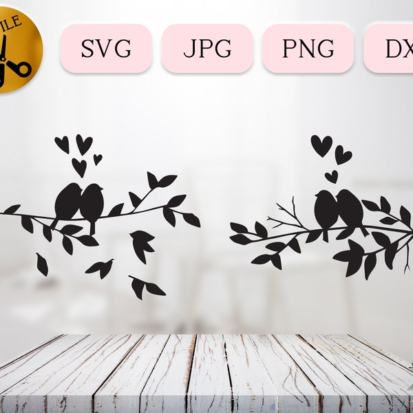 Love Birds Svg, Lovebird Silhouette, Bird Couple Scene with Branch and Hearts, Valentine's Day Animal Svg, In Love Png Digital Download Dxf