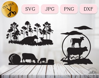 Heifer and Calf Svg, Cow Silhouette, Mama Cow Svg Bundle Cricut, Farm Scene Clipart, Baby Cow Dxf, Farm Animal Svg, Unique Sitting Cow Png