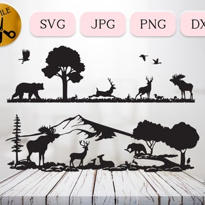 Schwarzweiße Naturszene SVG, breite Raubtier und Beute Silhouette, Wildtier Jagd DXF, Waldtier Vektor, Wald Clipart JPG png