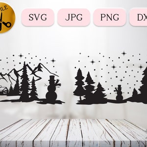 Noche de Navidad SVG, Escena de muñeco de nieve Svg, Trineo de Papá Noel Svg para Cricut, Silueta de reno, Bosque estrellado Svg, Escena navideña nevada Dxf Png