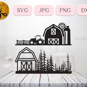 Scènes de ferme sans animaux Svg, Clipart vie à la ferme, grange par forêt Svg, Silhouette de tracteur agricole, Svg rural, maison de campagne Dxf Jpg Png