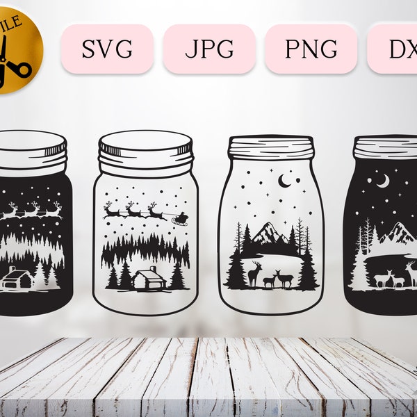 Noël dans un pot SVG Bundle, Scène de Noël en bouteille, Cabane en rondins d’hiver SVG Cricut, Verre Mason Jar Renne Silhouette Santa Dxf Jpg Png