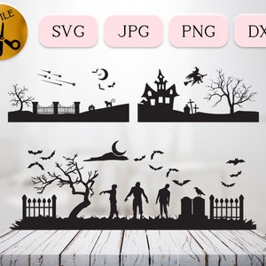 Scary Zombie Halloween Scenes, Haunted Graveyard Svg, Bats and Moon Svg, Spooky Castle Dxf, Flying Witch Halloween Clipart, Gothic Fence Png