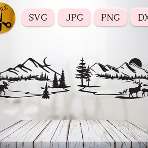 Bundle SVG rive du lac, scène de la faune de montagne, silhouette de la forêt, vecteur de la famille des cerfs, élan des bois dxf fichier de coupe Cricut plasma JPG PNG dxf