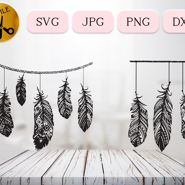 Hanging Feathers SVG Bundle, Tribal Feather Mandala Design, Boho Native American Dream Catcher Cut File Vector, Feathers on Rope JPG PNG dxf