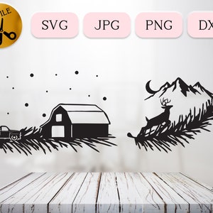 Christmas Spruce SVG Bundle, Christmas Farmhouse Svg, Winter Barn Scene, Reindeer Silhouette, Pine Branch Clipart, Snow Snowing Png Jpg Dxf