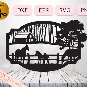 Horse Ranch Dxf Design, Cavallo Puledro Svg, Silhouette Famiglia di Cavalli, Clipart Stalla per Cavalli, Cavalli che Mangiano Eps, Cartello Equestre Recinzione Svg Cricut