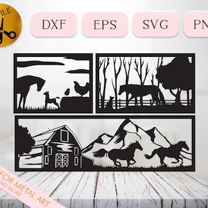 Lot Svg cheval de grange, encadré Dxf cheval domestique, Silhouette d'étalon sauvage, fichier coupe plasma CNC, art en métal, poulain et poulet ferme Svg