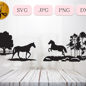 Wilde hengst Svg-bundel, paard draf silhouet, bosscène Instant Download, omheinde paarden Svg, paardensport Dxf, Homestead Equine Png Jpg