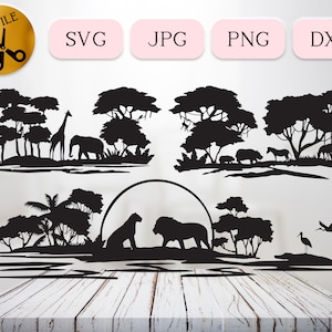 Roi de la jungle Svg, Silhouette d'animaux de la jungle, lot tropical Svg, Clipart chambre d'enfant jungle, forêt tropicale Dxf, lionne Png Jpg