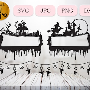 Gruseliger Bluttropfen SVG, Halloween Banner zwart, gruseliger Hirschschädel Silhouette, Spukhaus Namensschild svg, gruseliges Holzschild Gothic Szene DXF Png