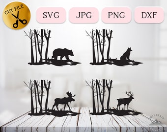 Forest Edge SVG, Animal Clipart, Wildlife Svg, Forest Meadow Svg, Woodland Animal Silhouettes, Wolf Moose Elk Bear DXF, Nature Scene Png Jpg