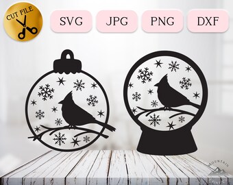 Christmas Snowglobe Scene SVG, Cardinal Ornament Svg, Winter Bird Silhouette, Cardinal Memorial Svg, Cricut Christmas Themed DXF Jpg Png