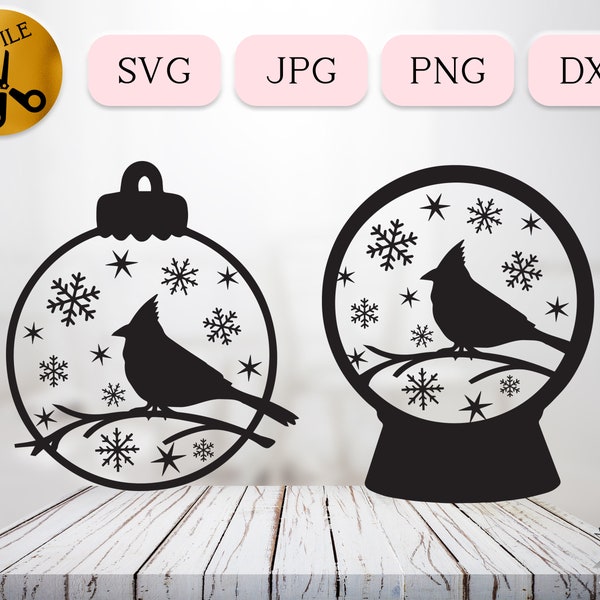 Christmas Snowglobe Scene SVG, Cardinal Ornament Svg, Winter Bird Silhouette, Cardinal Memorial Svg, Cricut Christmas Themed DXF Jpg Png