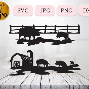 泥の中で遊ぶ豚 SVG バンドル、泥の中の豚のシルエット、子豚のクリップアート、納屋のベクター、豚農場 DXF Cricut、フェンス豚ペン SVG PNG DXF