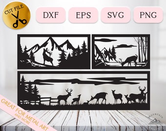 Herd of Deer Silhouette Svg Bundle, Frame Deer Scene Dxf Cnc Cut File, Hunting Wild Deer Vector Eps, Mountainside Lake Svg, Deer Clipart Png