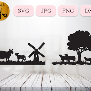 Scena di pecora e agnello Svg, Clipart di animali da fattoria, Silhouette di famiglia di pecore, Vettore di pecora nel campo, Download digitale del cartello della fattoria, Pecora Png Dxf Jpg