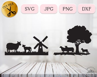 Sheep and Lamb Scene Svg, Farm Animal Clipart, Sheep Family Silhouette, Sheep in Field Vector, Farm Sign Digital Download, Sheep Png Dxf Jpg