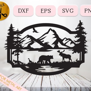Scène de lac avec des animaux Svg, fichier coupe Svg animaux des bois, montagne arbre lac scène, scène de la nature, ours sauvage orignal renard canard aigle Silhouette