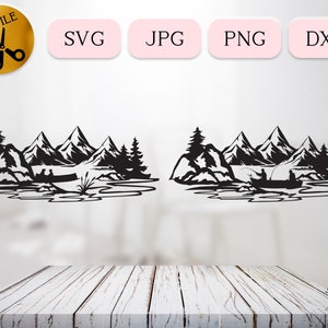 Angeln auf dem See SVG Bundle, Lake Louise Silhouette, draußen auf dem See Szene, Fischerboot Dxf, Kanu Clipart, Angeln Begleiter Png Jpg
