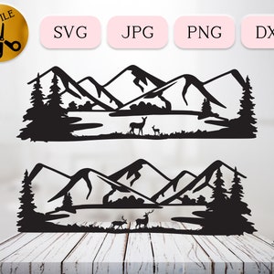 Ruhige Natur Szene SVG Bundle, Deer See DXF Silhouette, Elch Familie Waldszene, Berglandschaft mit Tieren, Jagd Hirsch JPG png dxf